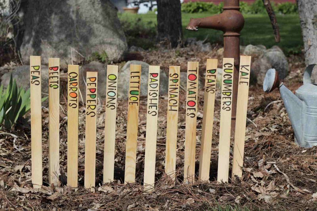 Garden markers with names of harvest on it