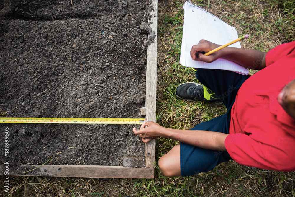 A kid measuring in the garden