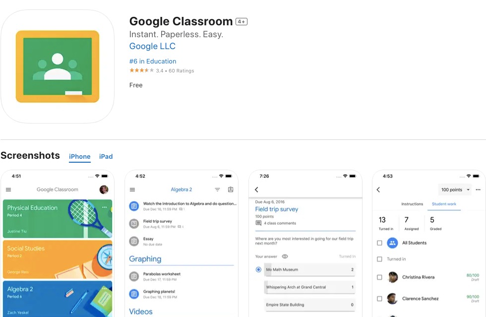 Appstore page of Google Classroom