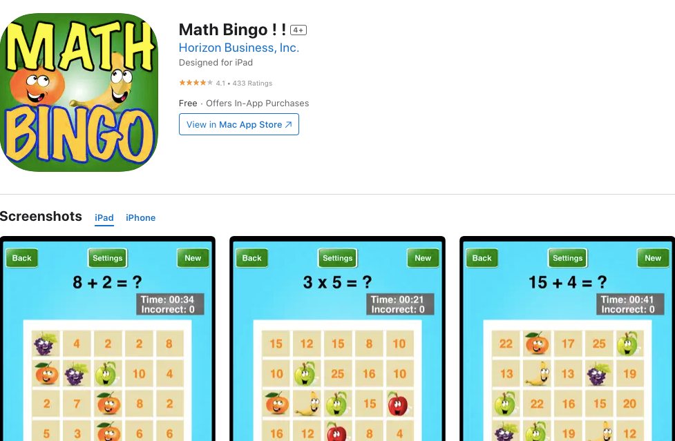Appstore page of Math Bingo
