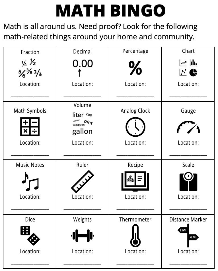 Math bingo card