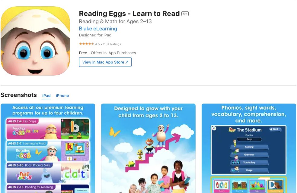 Appstore page of Reading Eggs