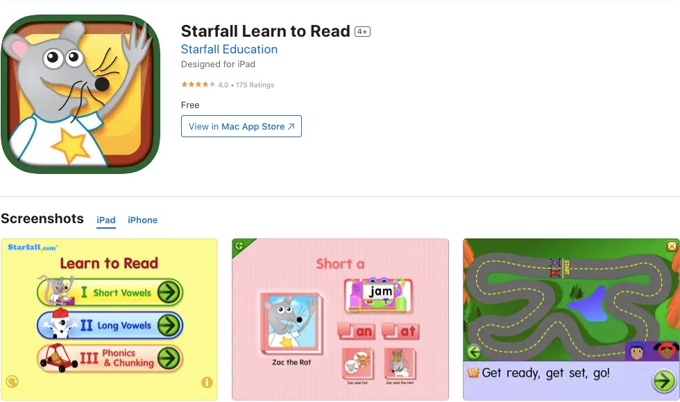Appstore page of Starfall Learn to Read