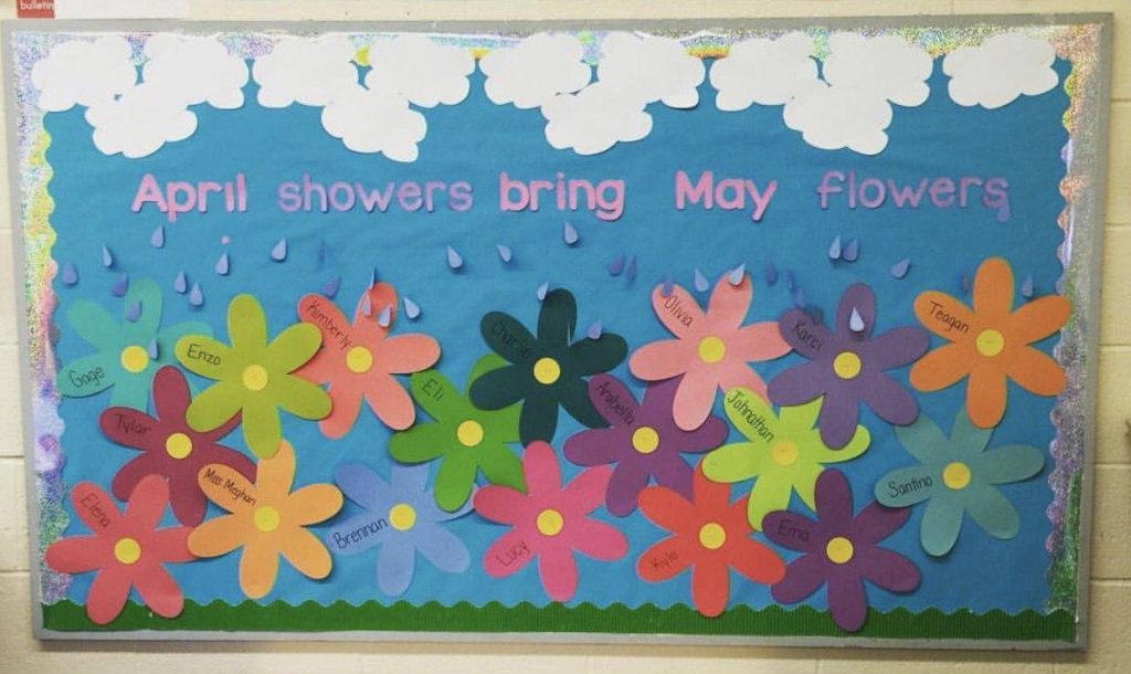 April Showers Bring May Flowers written on colorful background