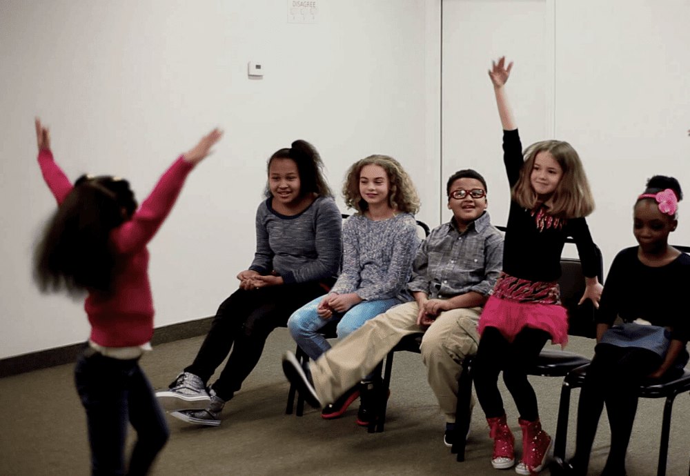 kids playing charades in class