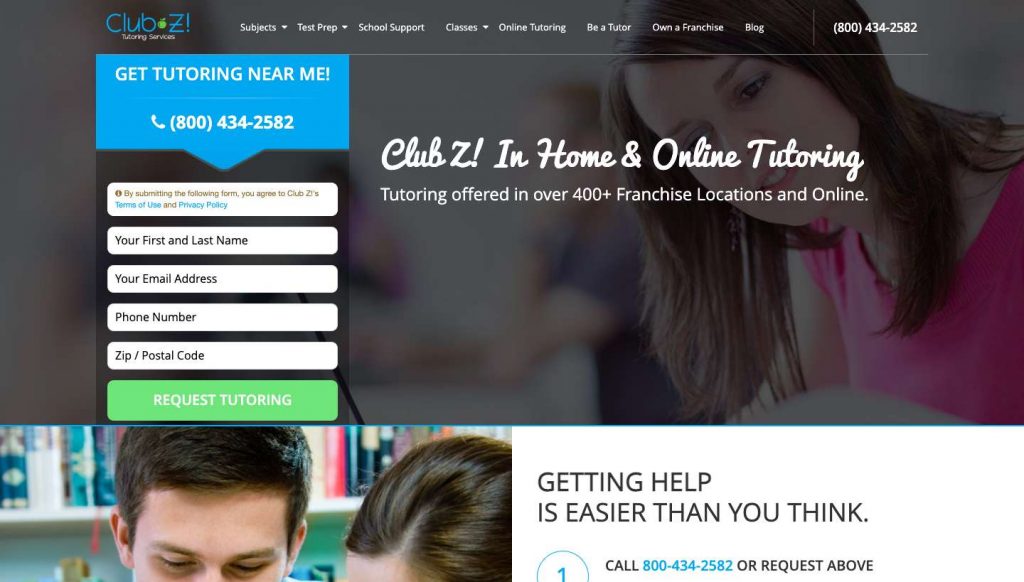 Homepage of Club Z Tutoring