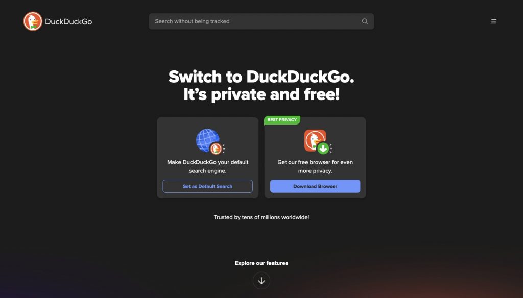 Webpage of Duck Duck Go
