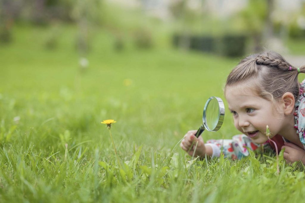 A kid looking at a flower with magnifying glass