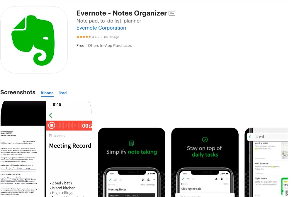 App store page of Evernote