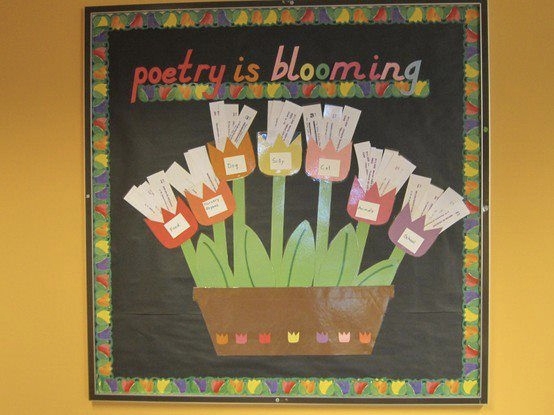 Poetry in blooming written on board with flowers
