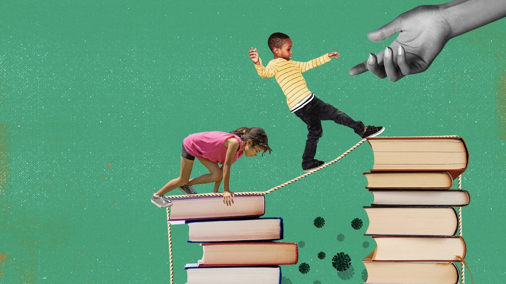 Kids climbing books and a hand helping them