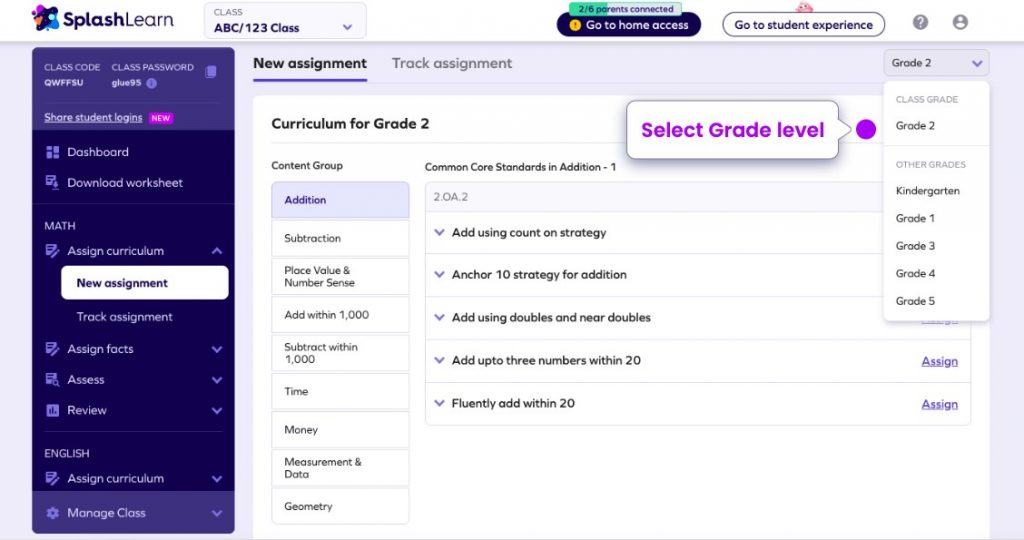 Teacher dashboard of SplashLearn