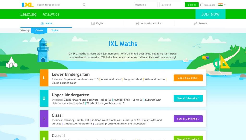 Website homepage of IXL Math