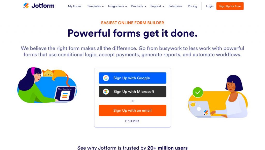 Website homepage of Jotform