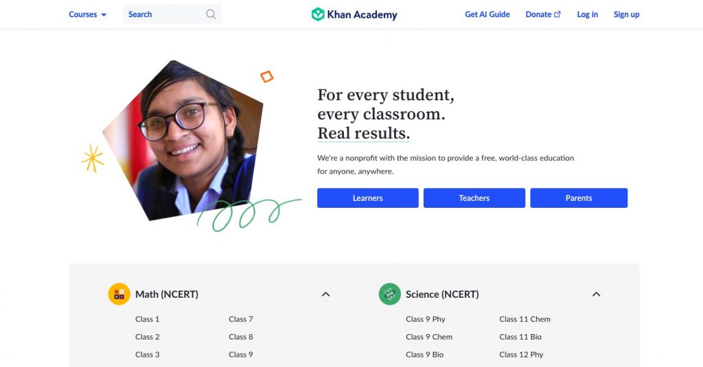 Homepage of Khan Academy