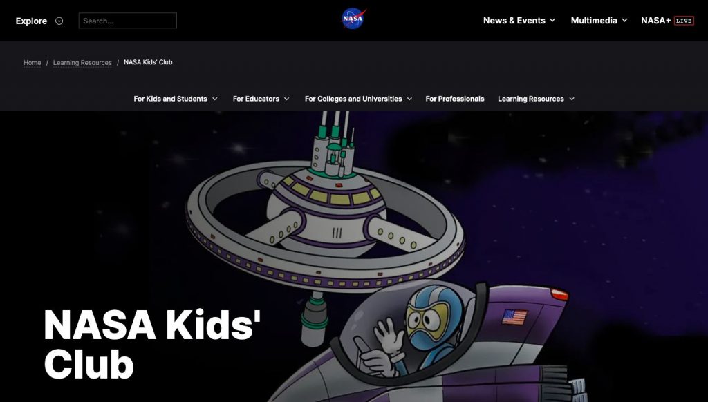 Website homepage of NASA Kids Club