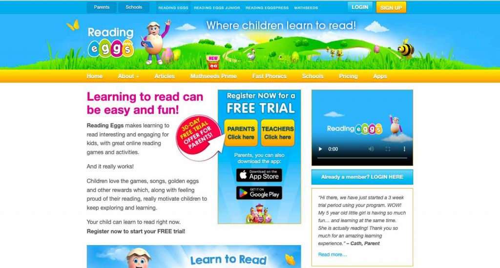 Website homepage of Reading Eggs