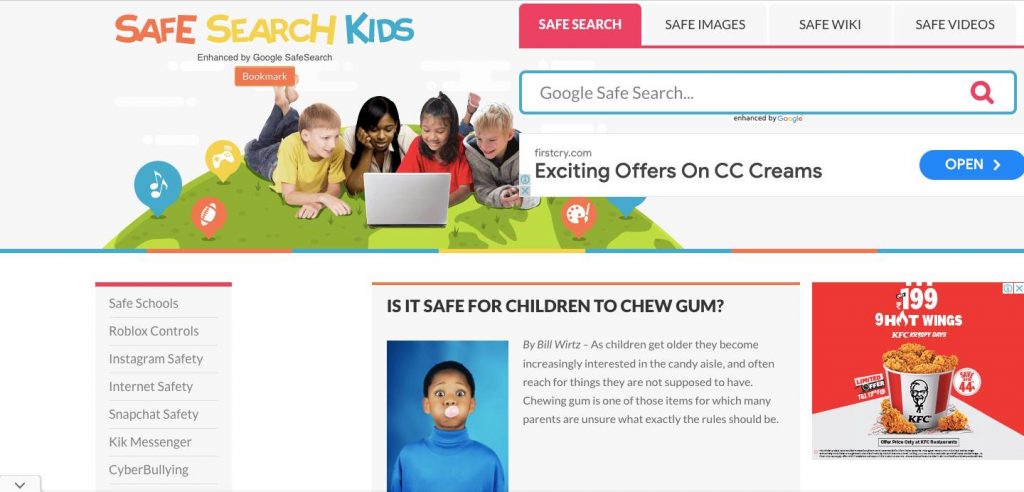 Webpage of Safe Search Kids