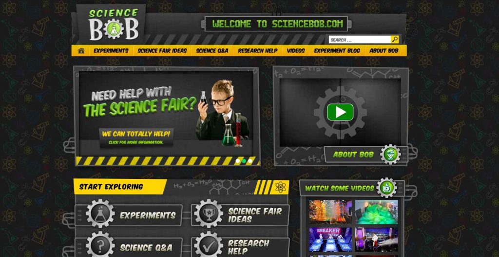 Website homepage of Science Bob