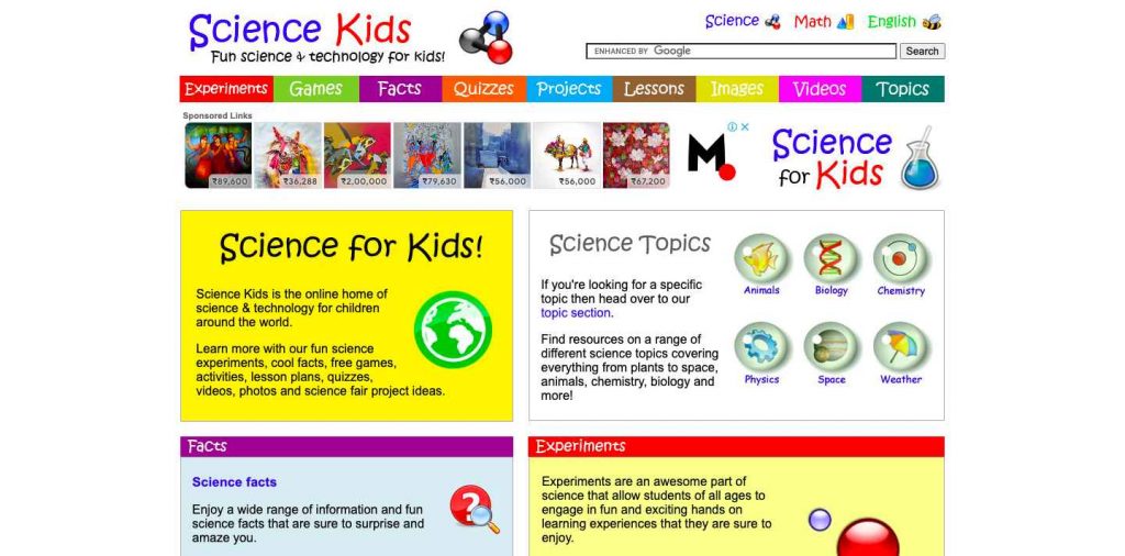 Website homepage of Science Kids