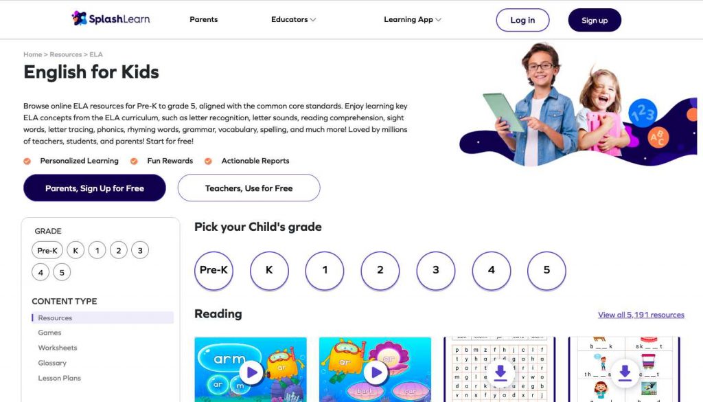 Website homepage of Splashlearn ELA