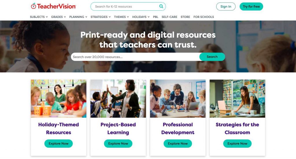 Website homepage of TeacherVision