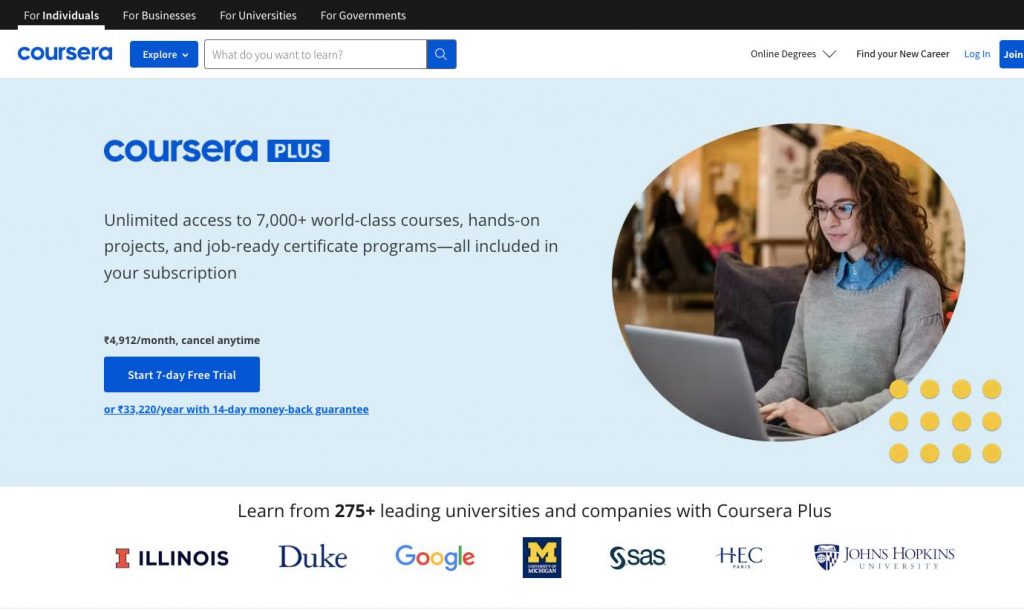 Homepage of Coursera