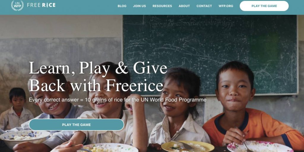 Website homepage of free rice