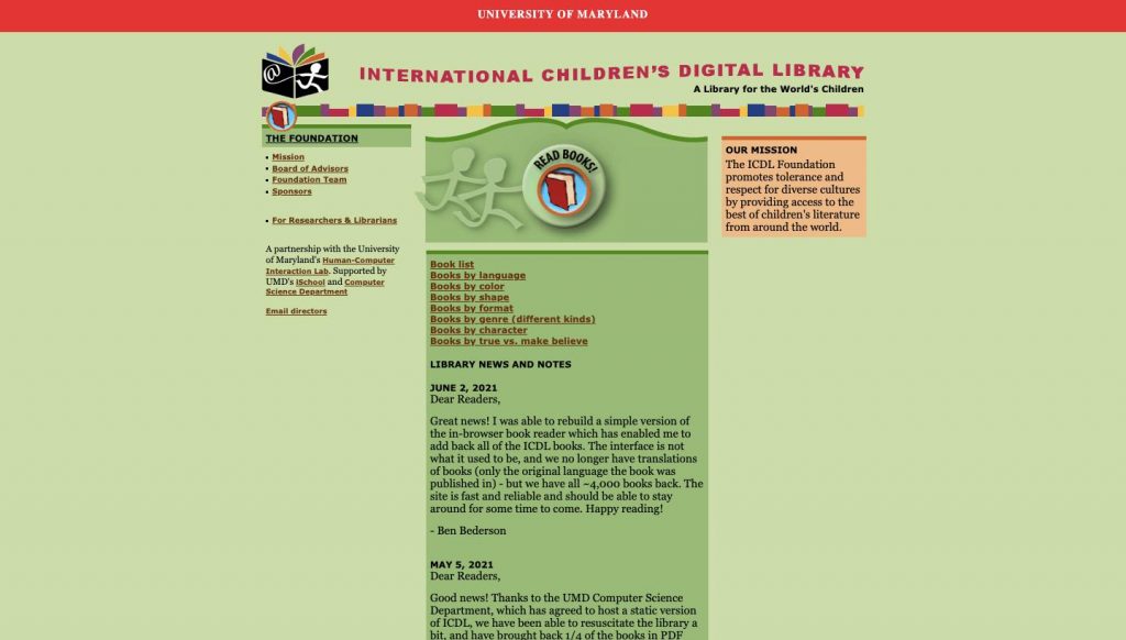 Website homepage of International Childrens Digital library