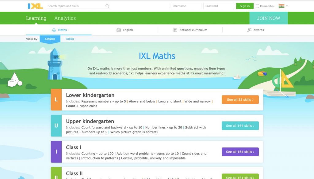 Website homepage of IXL Math