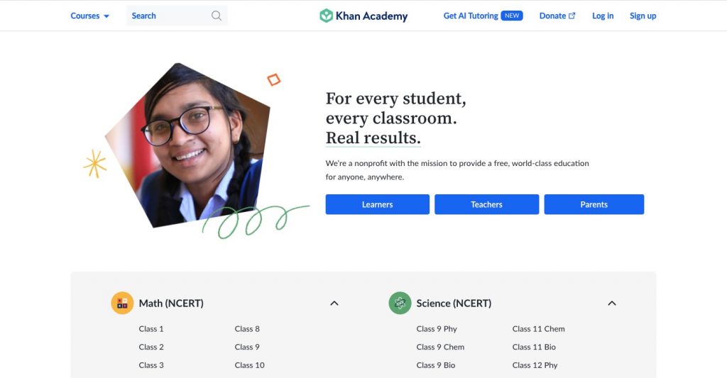 Website homepage of Khan Academy