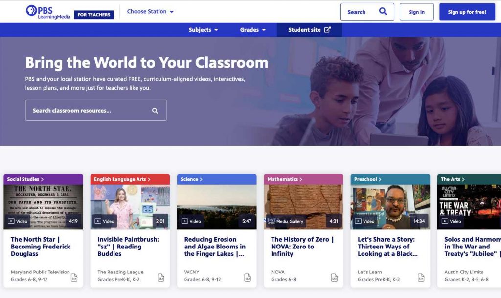 Homepage of PBS Learning Media