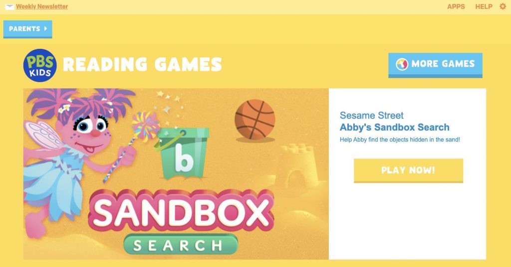 Website homepage of PBS Reading Games