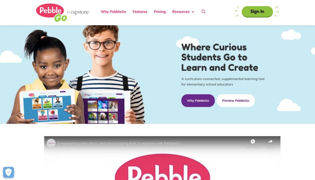 Website homepage of PebbleGo
