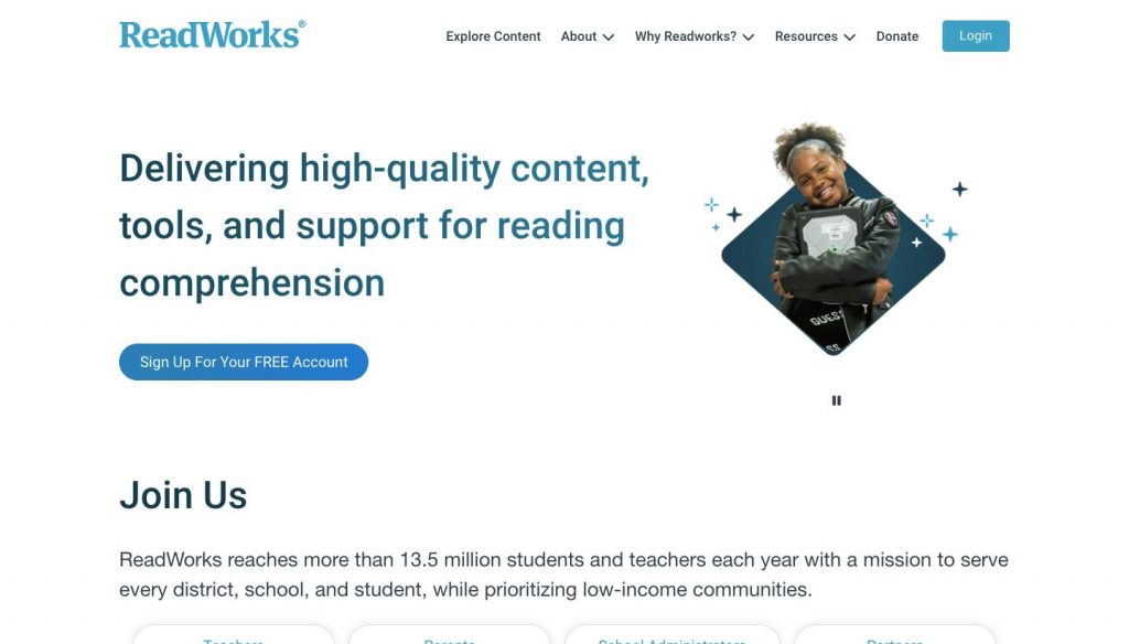 Website homepage of Read Works