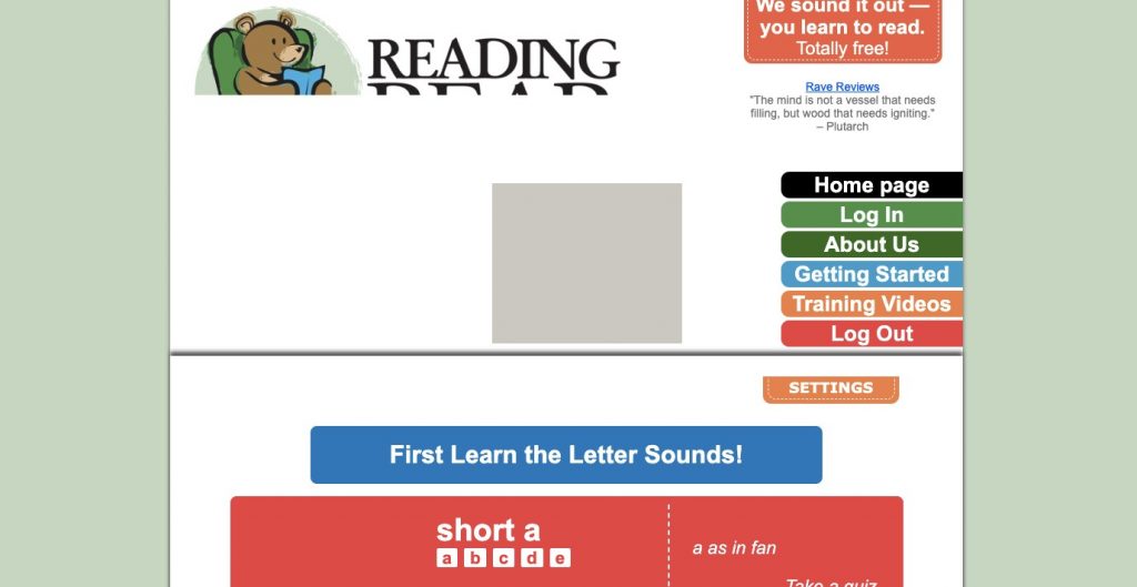 Website homepage of reading bear