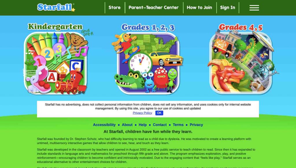 Website homepage of Starfall