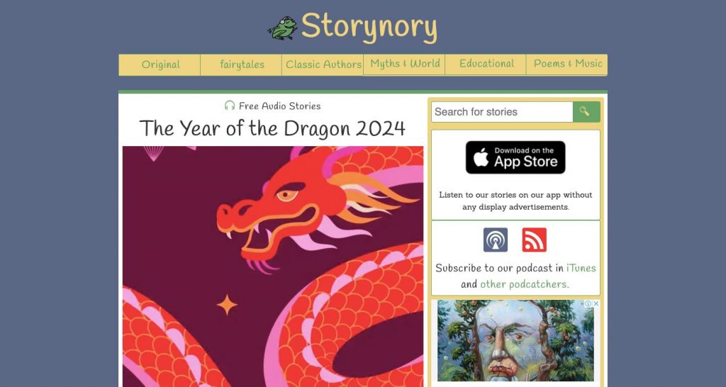 Website homepage of Storynory