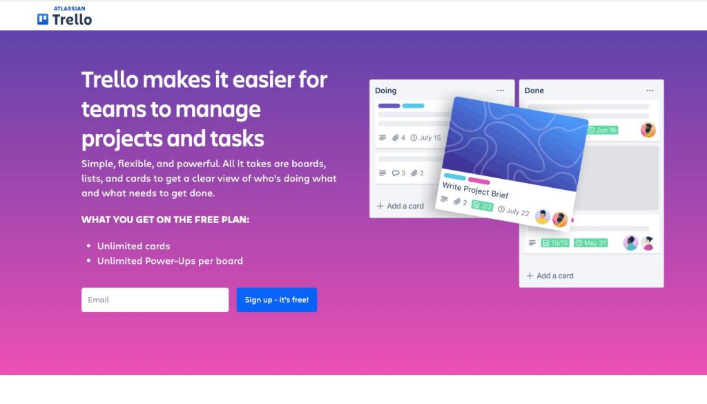 Homepage of Trello