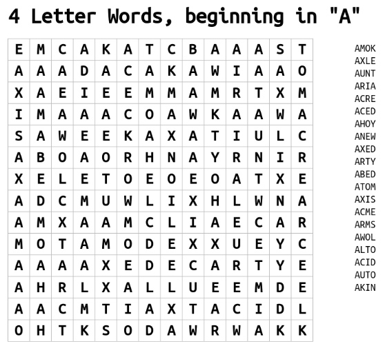 Four letter words beginning with A word search