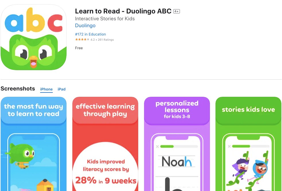 App store page of Duolingo ABC