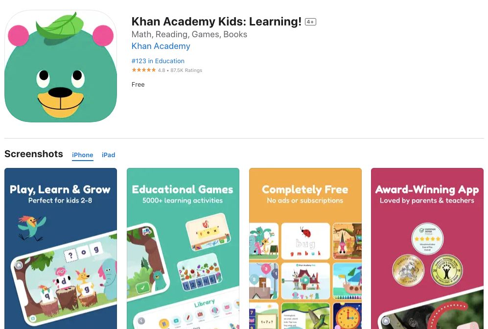 App store page of Khan Academy Kids