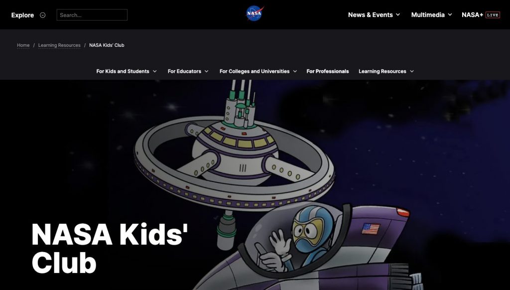 Webpage of NASA Kids Club