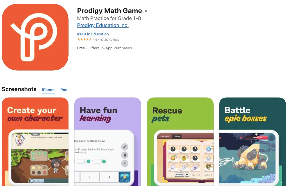 App store page of Prodigy Math