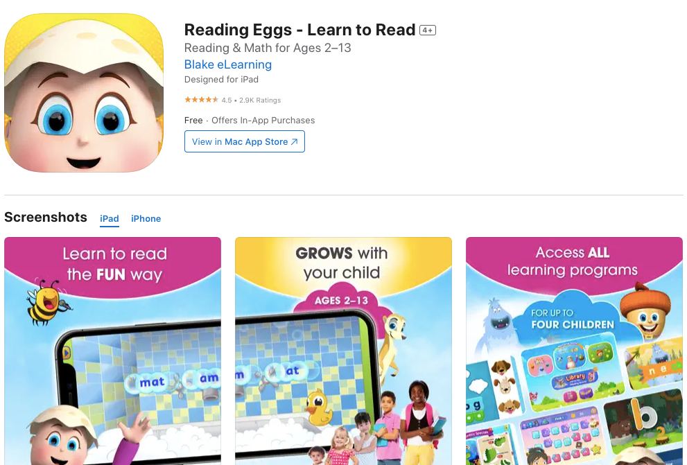 App store page of Reading Eggs