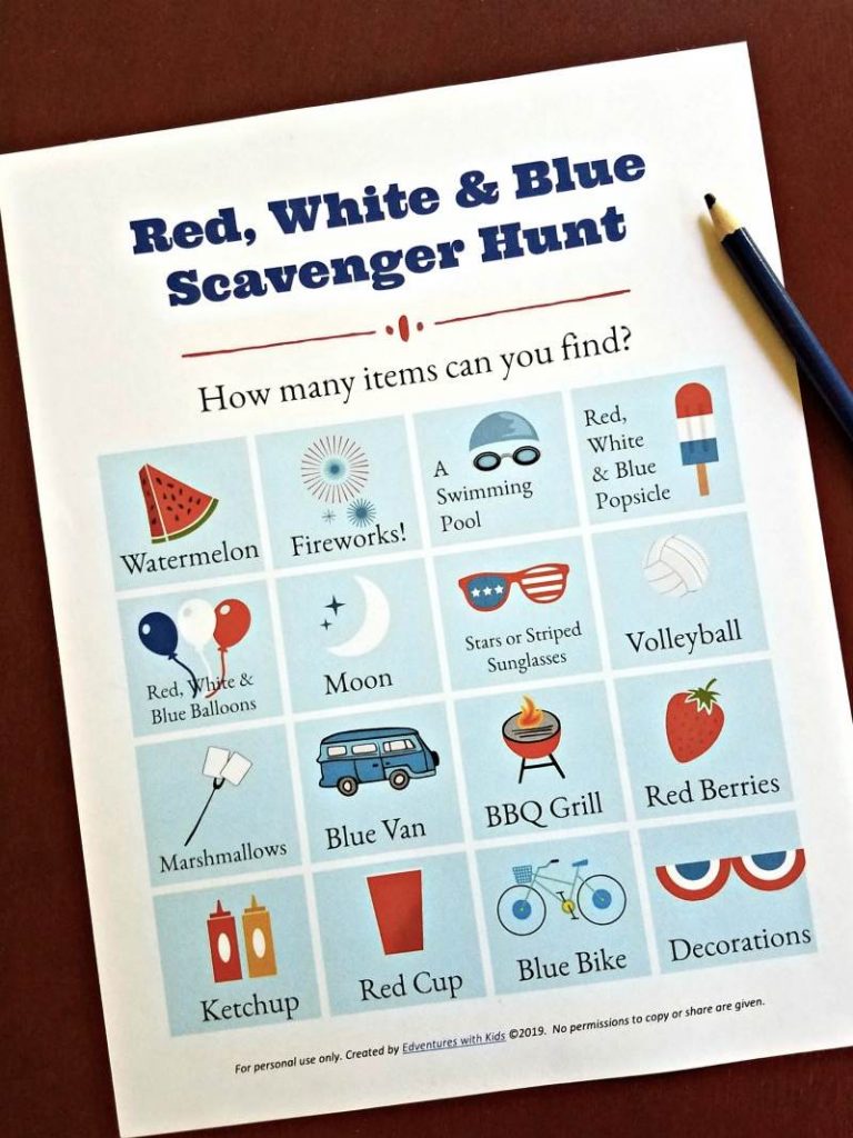 A red white and blue scavenger hunt list