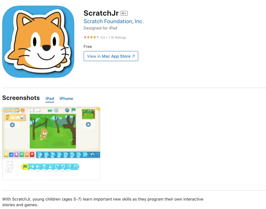 App store page of ScratchJr