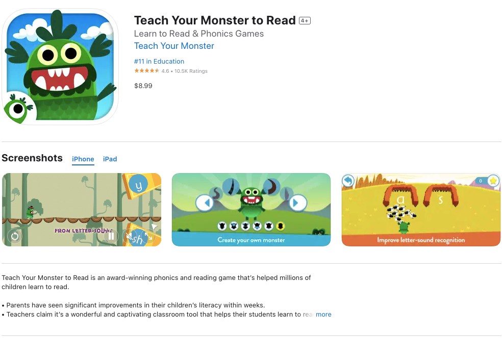 App store page of Teach your monster to read