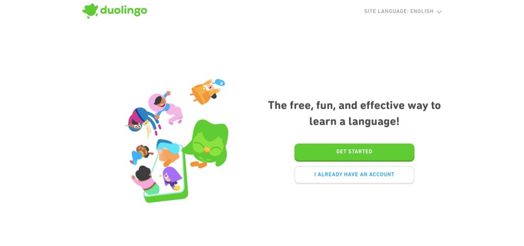 Homepage of Duolingo
