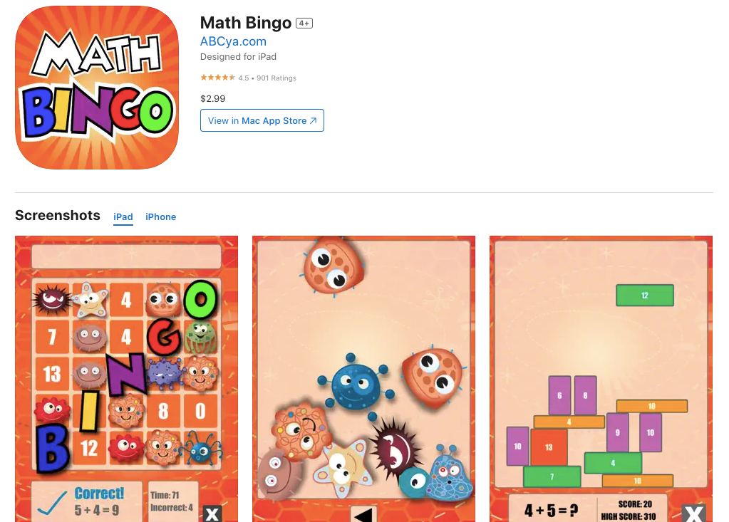 App store page of Math Bingo